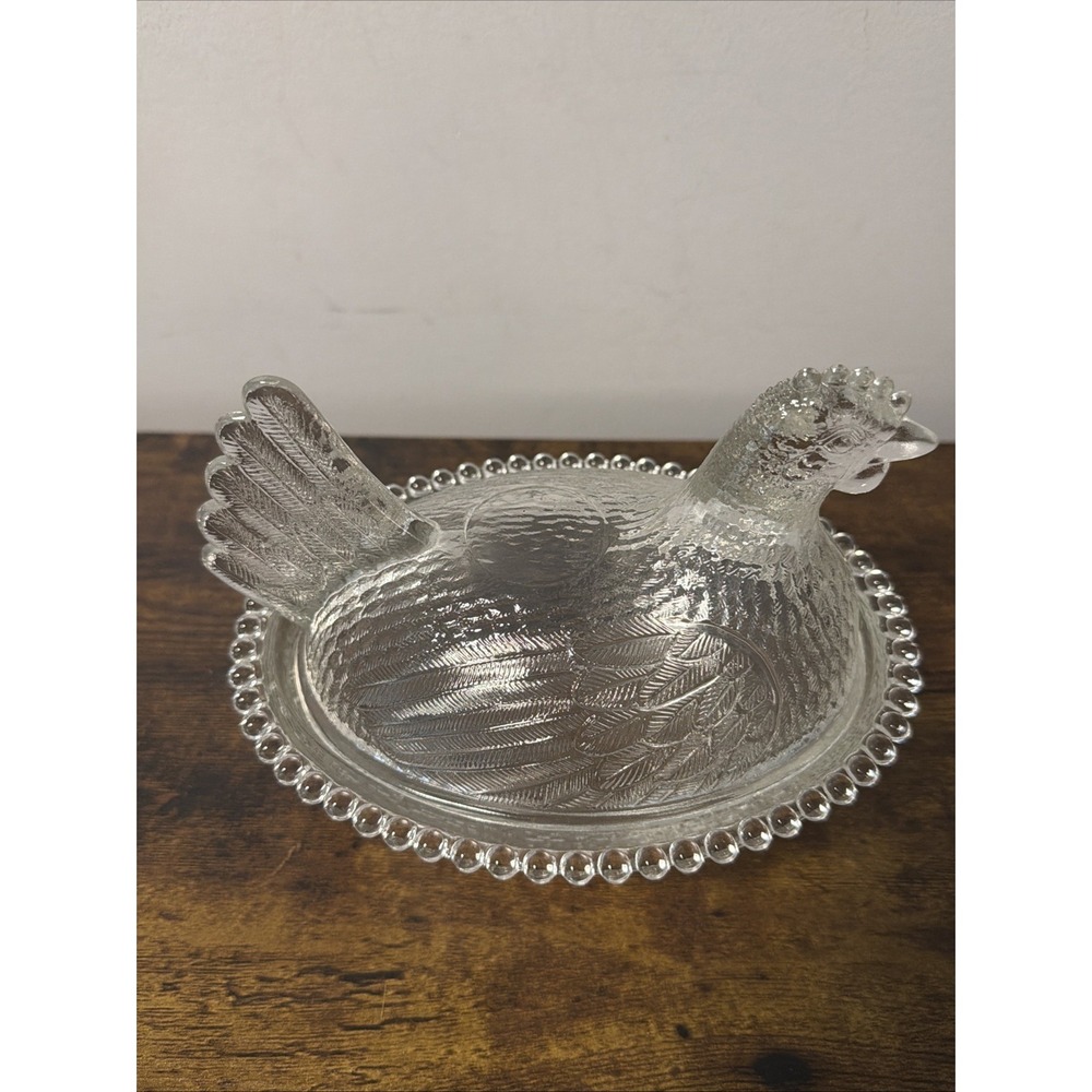 VTG Indiana Glass Oval "Hen On Nest" Covered Dish w/Beaded Edge 7 in, CLEAR - Picture 6 of 8